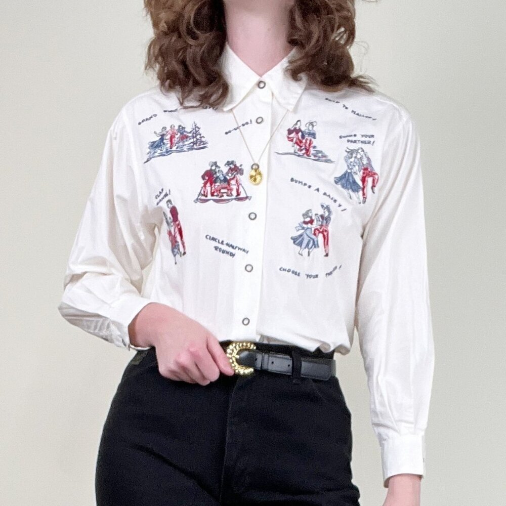 Vintage Embroidered Square Dance Western Cowgirl Country Button Up Shirt Blouse